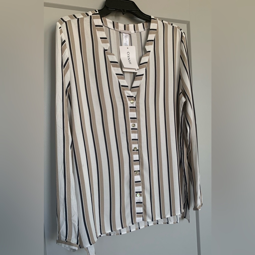 NWT Hanro Sleep & Lounge Stripe Woven V-Neck Button-Down Shirt Size Small - Picture 13 of 16